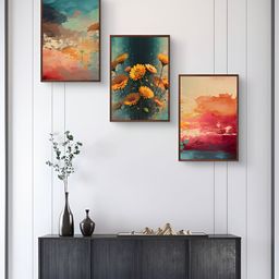999Store Green & Pink 3Pcs Floral And Botanical Wall Paintings-21