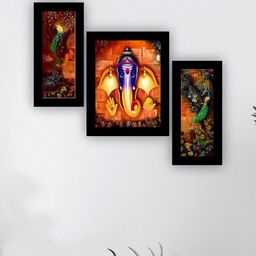 SAF Orange & Green 3 Pieces Lord Ganesha And Peacock Painting UV Coating Wall Arts-image-74