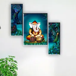 SAF Blue & Brown 3 Pieces Lord Ganesha Wall Art-12