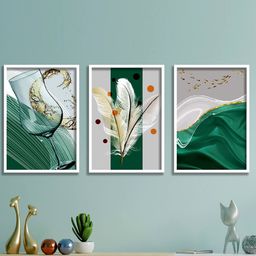 SAF 3-Pcs Grey & Green Feather Painting Wall Art-27