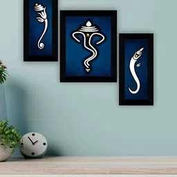 SAF Black & Blue 3 Pieces Ganesha Religious Modern Painting Framed Wall Art-image-87