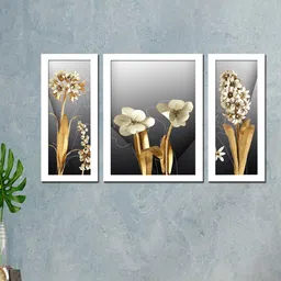 WENS Set Of 3 White & Gold Coloured Flowers Painting Wall Art-5