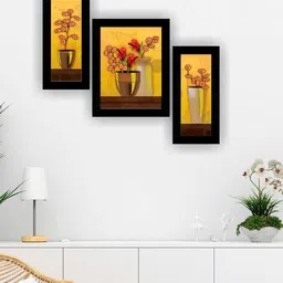 SAF Yellow & Beige 3 Pieces Flower Pot Modern Wall Art Painting-image-92