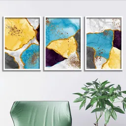 SAF Set Of 3 Yellow & Blue Digital Print Painting Frame Wall Art-20