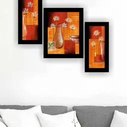 SAF Beige & Orange Coloured 3 Pieces Flower Pot Modern Art Painting Wall Art-image-68