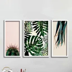 SAF Set Of 3 Green & White Modern Art UV Textured Painted White Frame-5