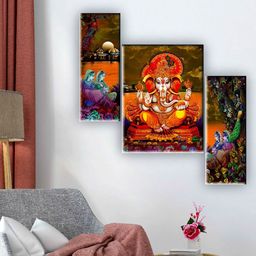 SAF Blue & Green 3 Pieces Lord Ganesha Wall Art-image-36