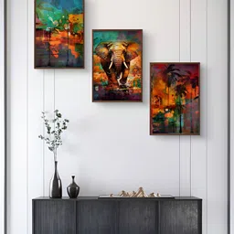 999Store Brown & Green 3Pcs Birds And Animals Wall Paintings-16