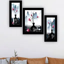 SAF Black & White 3 Pieces Flower Pot & Flower Painting UV Coating Wall Arts-image-35