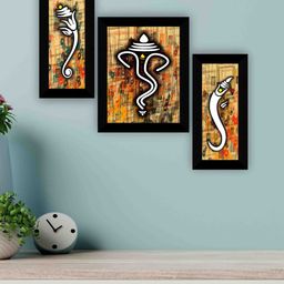 SAF Yellow & Orange 3-Pieces Lord Ganesha Printed Framed Wall Art-image-100