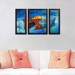 WENS Set of 3 Blue & Orange Sailboat View Wall Painting-6
