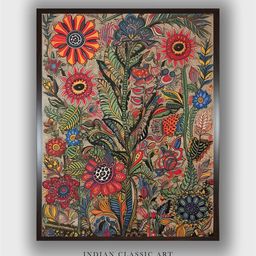INDIAN CLASSIC ART Pink & Green Madhubani Floral Printed Framed Wall Art-image-26