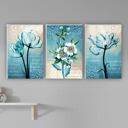 SAF Blue & Off White 3 Pieces Flowers Painting Wall Art-image-86