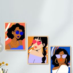 SAF 3 Pcs Orange & Blue Boho Women Painting Framed Wall Art-image-99
