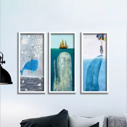 SAF Set Of 3 Blue & White UV Textured Dolphin Painting Wall Art-image-62