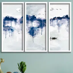 SAF 3-Pcs White & Blue Birds And Boat Painting Wall Art-picture-6