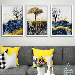 Aura Grey & Yellow 3 Pieces Wood Abstract Wall Paintings-18