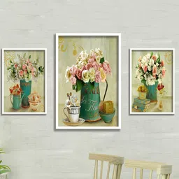 SAF Green & Pink 3-Pieces Flower Pot Printed Framed UV Coating Wall Art-12