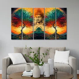 999Store Blue 5 Pieces Colorful Tree And Mountain With Lord Buddha Modern Art Panels-30