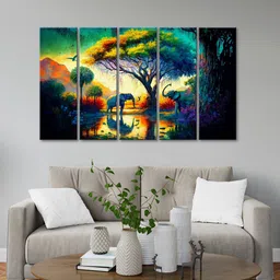 999Store Yellow & Blue 5 Pieces Elephant Tree Art Modern Art Panels Wall Painting-19