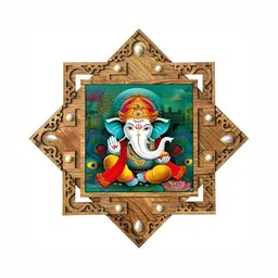 PnF Brown & Green Lord Ganesha Religious Wooden Painting Wall Art-image-34