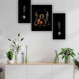 SAF Black & Beige 3-Pieces Lord Buddha Printed Framed Wall Art-image-92