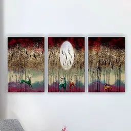 SAF Brown & Red 3 Pieces Abstract Deer Printed UV Coating Wall Painting-9