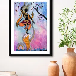 999Store Blue & Pink Lord Krishna Dancing With Tree And Snake Painting Framed Wall Art-5