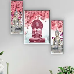 SAF White & Pink 3 Pieces Lord Buddha Printed UV Textured Wall Arts-image-74