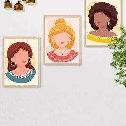 SAF Yellow & Blue 3 Pieces Boho Woman Wall Art-25