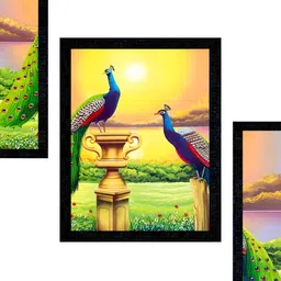 PnF Yellow & Green 3 Pieces Peacock Wooden Painting Wall Arts-11