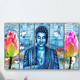 SAF Blue 5 Pieces Buddha Painting Framed Wall Art-0