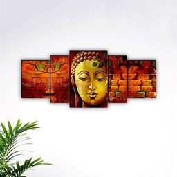 SAF Brown & Gold-Toned 5 Pieces Lord Buddha Framed Wall Art Painting-picture-49