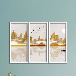SAF 3-Pcs Grey & Brown Boat And Birds Painting Wall Art-30