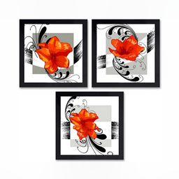 PnF Black & Orange 3 Pieces Floral Wooden Painting Wall Arts-30