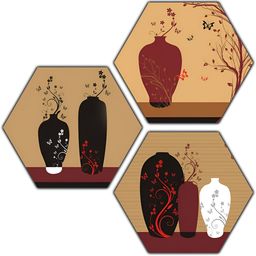 PnF Brown & Maroon 3 Pieces Wooden Floral and Botanical Wall Painting-5