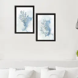 eCraftIndia Set Of 2 White & Blue Pastel Natural Leaf Printed Satin Matte Texture UV Art Paintings-2