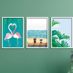 SAF Green & Pink 3-Pieces Flamingo Printed High Definition Waterproof Framed Wall Art-10