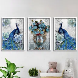 SAF Blue & Grey 3-Pieces Peacock Printed High Definition Waterproof Framed Wall Art-image-76
