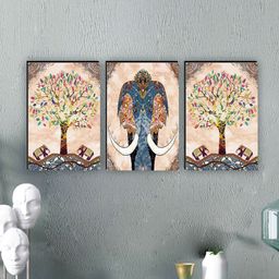 SAF Blue & Beige 3-Pcs Traditional Elephant Printed UV Coating Wall Painting-10