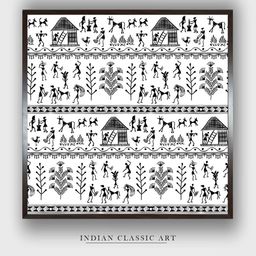 INDIAN CLASSIC ART White & Black Warli Tribal Wall Art-image-41