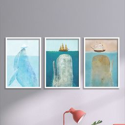 SAF Set Of 3 Blue & White UV Textured Dolphin Painting Wall Art-image-71