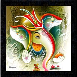 PnF Black & Green Lord Ganesha Religious Wooden Painting Wall Art-image-93
