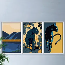 SAF Blue & Mustard-Yellow 3-Pieces Modern Boho Art Printed Framed Wall Art-5