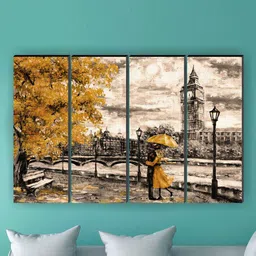 SAF Brown & Beige 4 Pieces Couple Under Umbrella Painted Framed Wall Art-picture-53