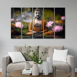999Store Brown 5 Pieces Lord Buddha With Lotus Modern Painting Art Panels-image-84