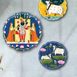 SAF Blue 3 Pieces Shree Nath Ji And Pichwai MDF Painting Wall Art-49