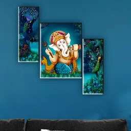 SAF Green & Blue 3 Pieces Lord Ganesha Wall Art-14