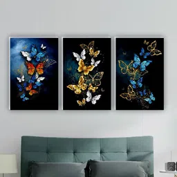 SAF Navy Blue & White 3 Pieces Butterfly Painting Wall Art-14