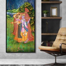 999Store Green & Blue  Radha Krishna Paying Flute With Peacock Painting Framed Wall Art-image-42